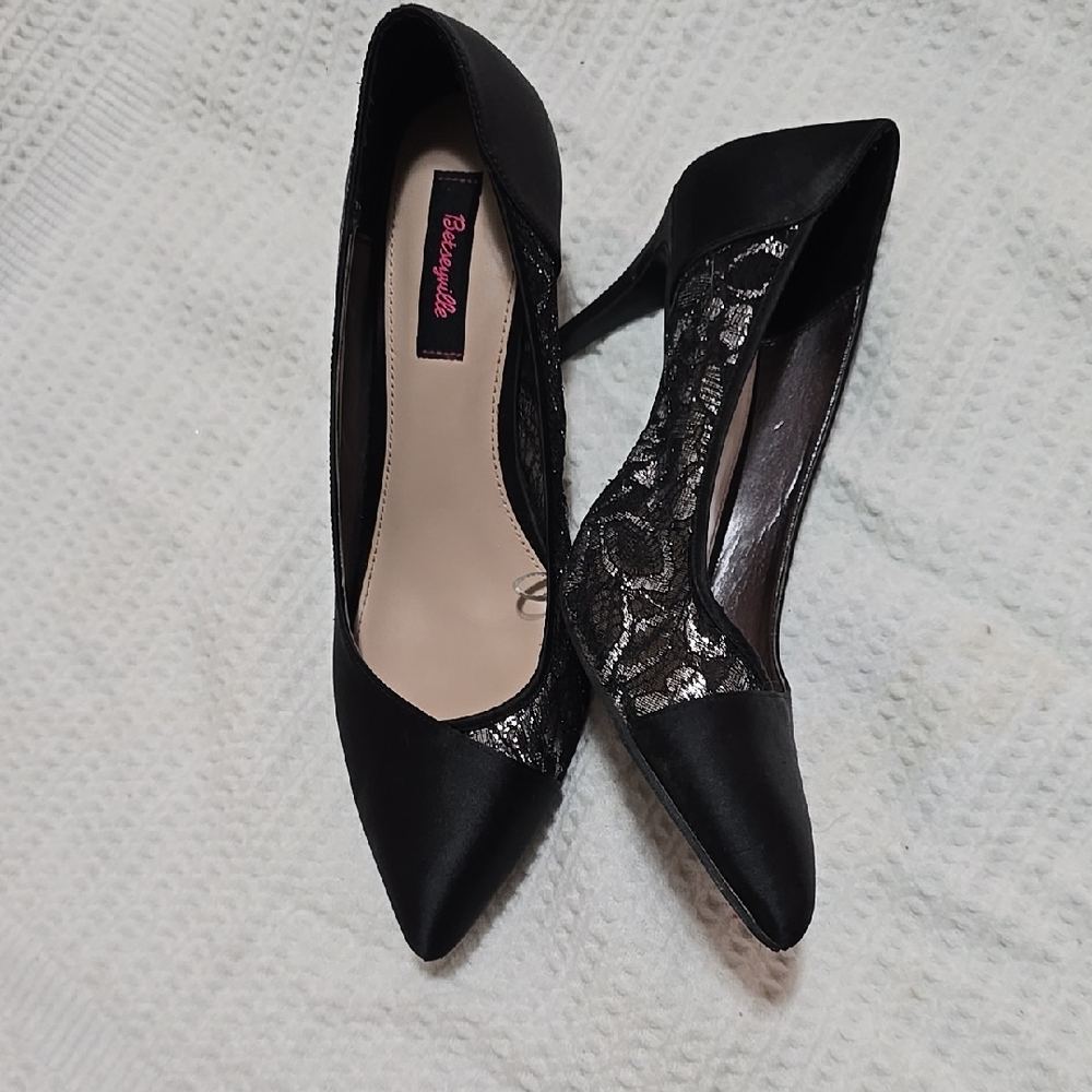 Betsey Johnson Black Satin Heels with Lace